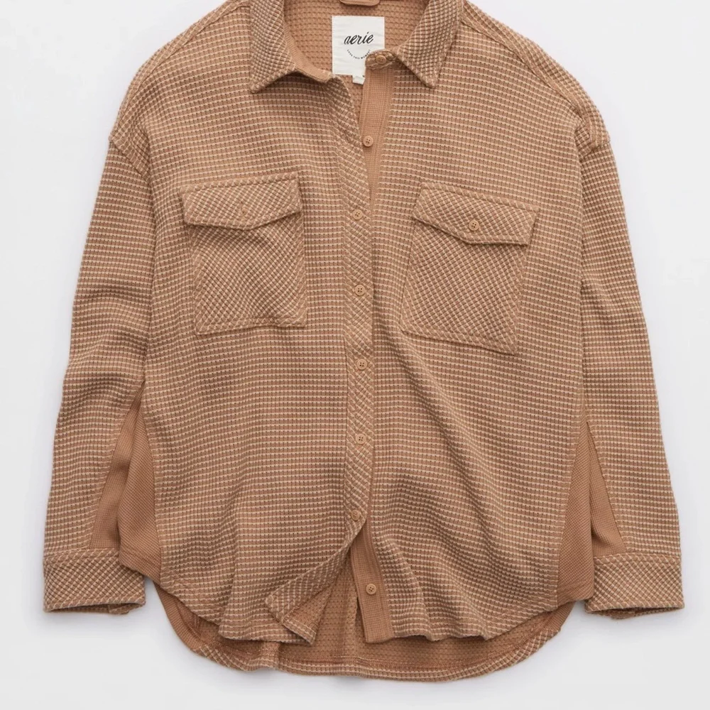 Aerie Lumber Jane Waffle Shirt Shacket Tan Brown Button Medium Oversized - Picture 2 of 5